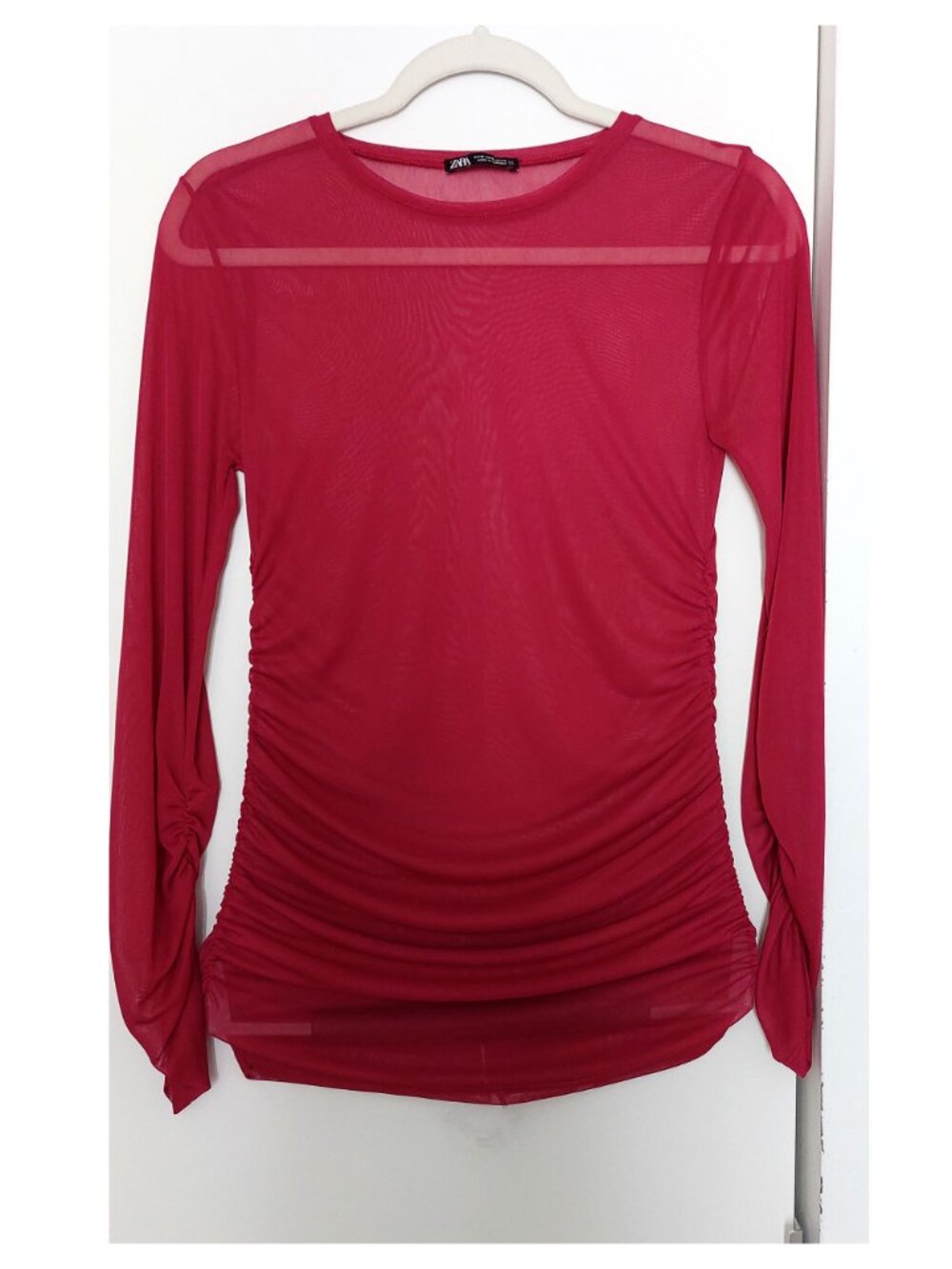 NWOT Zara Shirred Mesh Top Long Sleeve Burgundy See-Through Size Medium